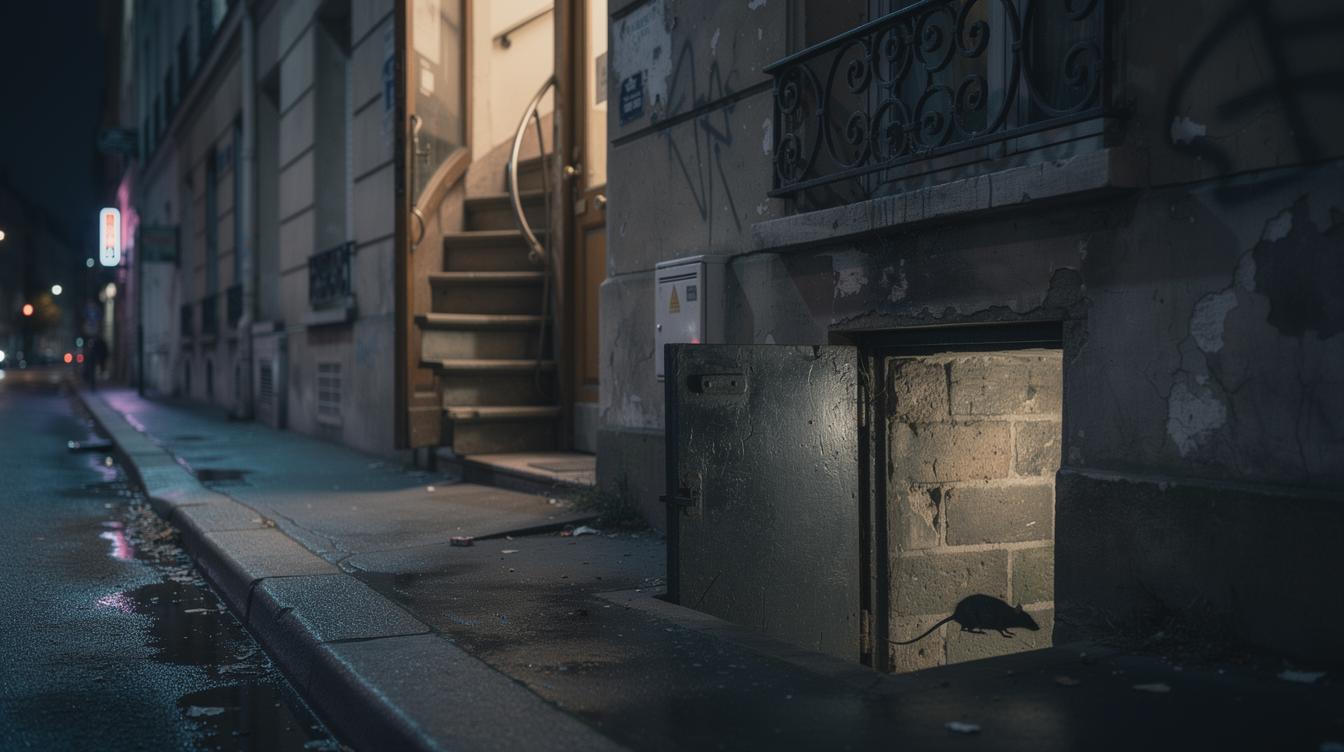 Escalier en colimaçon dans un vieil immeuble des Lilas, éclairage tamisé, une silhouette de rat surgit d'une cave sombre ouverte sur la rue, ambiance nocturne et urbaine.