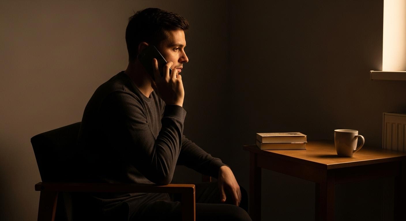 Une personne assise seule dans une pièce tamisée, téléphone à l’oreille, l’expression concentrée et pensive, entourée d’un calme presque palpable.