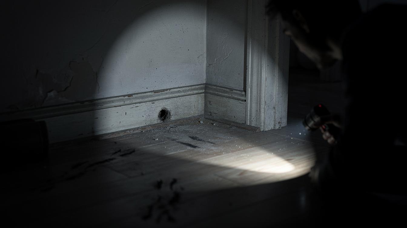 Intérieur d'un appartement dans la pénombre, une personne éclaire le coin d'une pièce à la lampe de poche, révélant une petite fuite de souris ou des traces sombres au sol