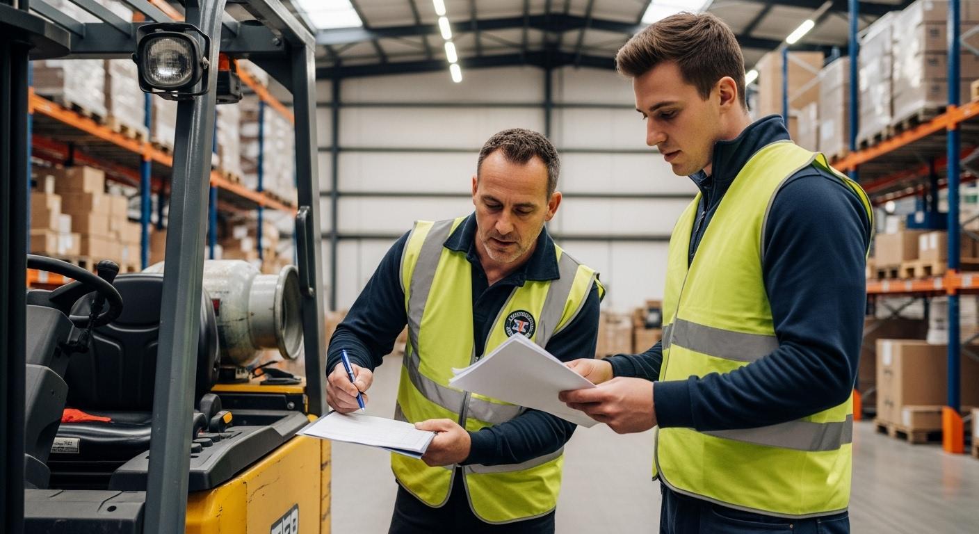 Un contrôleur de sécurité vérifiant les documents d’un cariste dans un entrepôt, les deux penchés sur des papiers à côté d’un chariot élévateur, ambiance sérieuse et concentrée