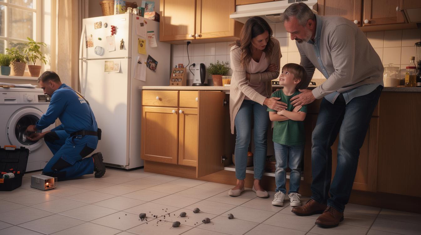 Une cuisine familiale, sous l'évier on voit quelques crottes grises, avec un couple inquiet et un enfant qui tente de rassurer, pendant qu'un technicien prépare un piège derrière la machine à laver.