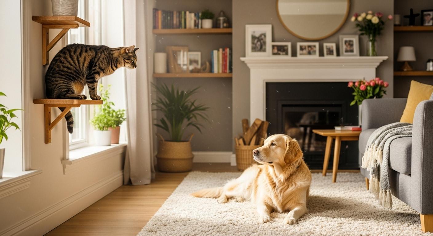 Un chat perché sur une étagère observe prudemment un chien allongé au centre du salon, chacun sur son espace de repos, dans une pièce lumineuse et chaleureuse.