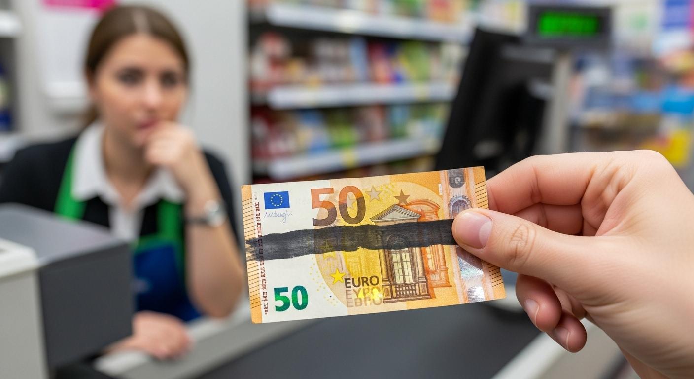Une main tient un billet de 50 euros traversé d’un large trait noir, avec à l’arrière-plan le comptoir d’une supérette et l’air hésitant d’une caissière qui observe la scène.
