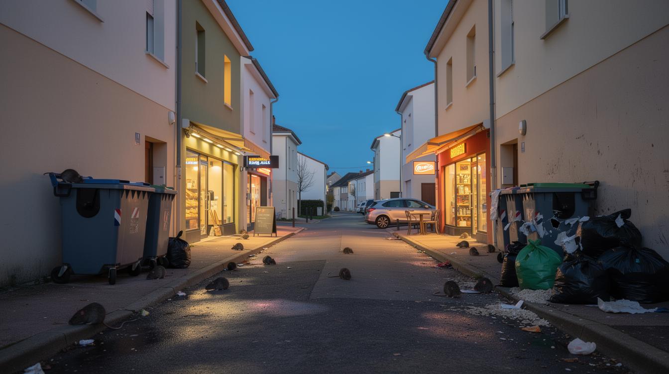 Vue d'un quartier urbain de Bailly-Romainvilliers en début de soirée, avec des rats qui longent discrètement les façades des immeubles, des commerces éclairés et des poubelles, suggérant l'activité constante des rongeurs.