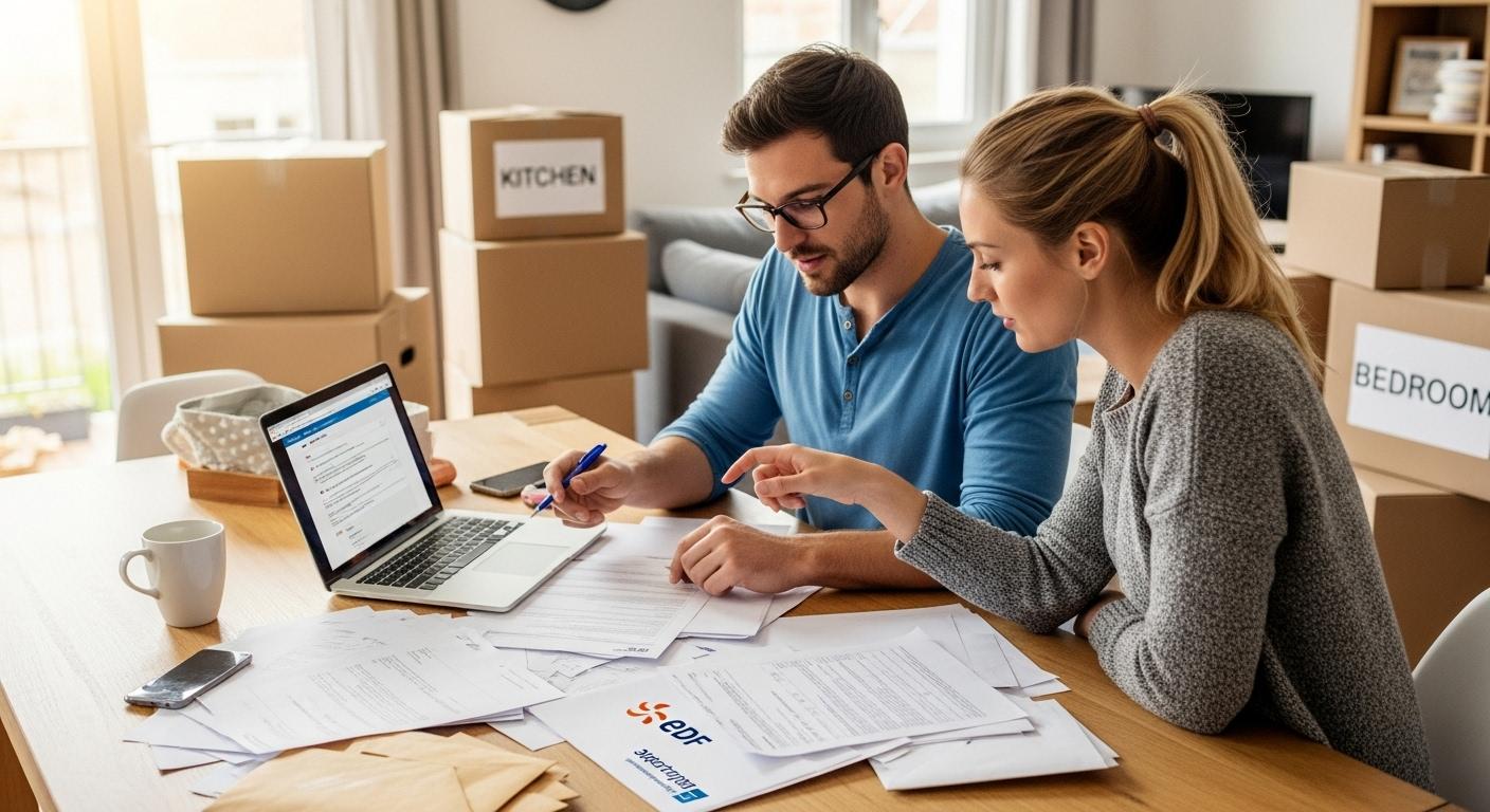 Un couple consulte une pile de documents administratifs sur une table, avec un ordinateur portable ouvert et un formulaire EDF visible, dans l’ambiance d’un salon lumineux en plein déménagement.