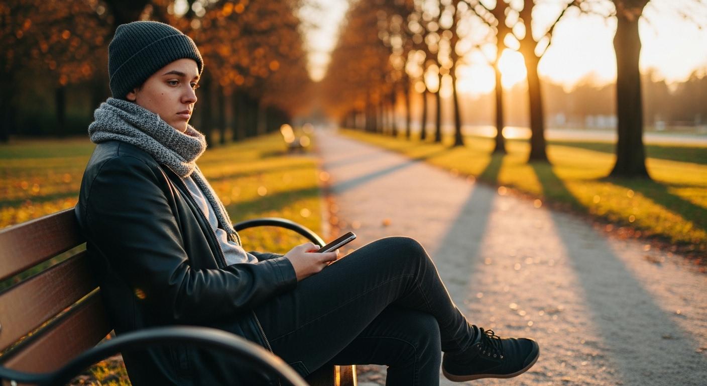 Une personne assise seule sur un banc dans un parc, le regard perdu dans le vide, tenant son téléphone dans la main, un air hésitant sur le visage.