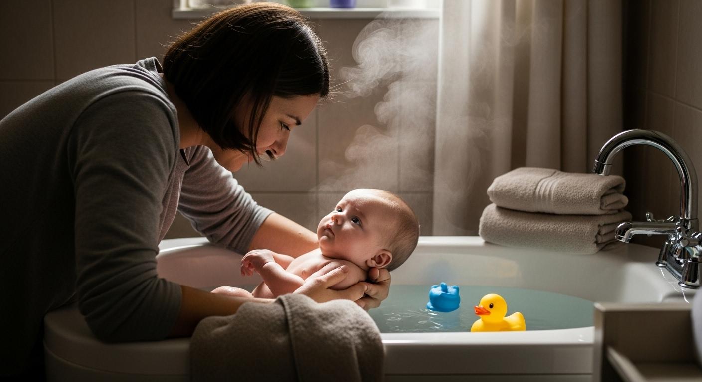 Un parent donne un bain tiède à son bébé dans une petite baignoire de salle de bain, de la vapeur douce flotte dans l’air, le bébé regarde son parent avec un regard apaisé, la lumière est tamisée et l’ambiance paisible
