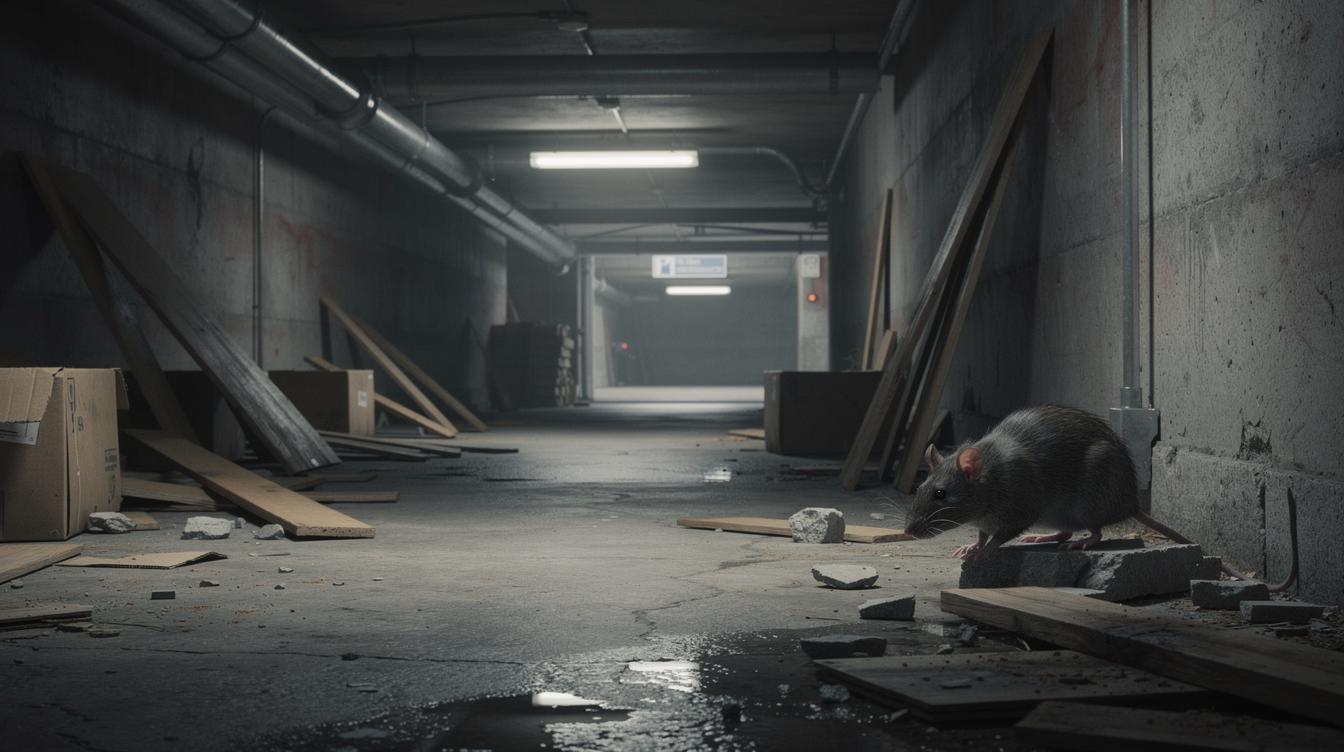 Un sous-sol sombre avec des tuyaux apparents, des matériaux abandonnés et un rat qui progresse le long d'un mur, près d'une sortie de parking.