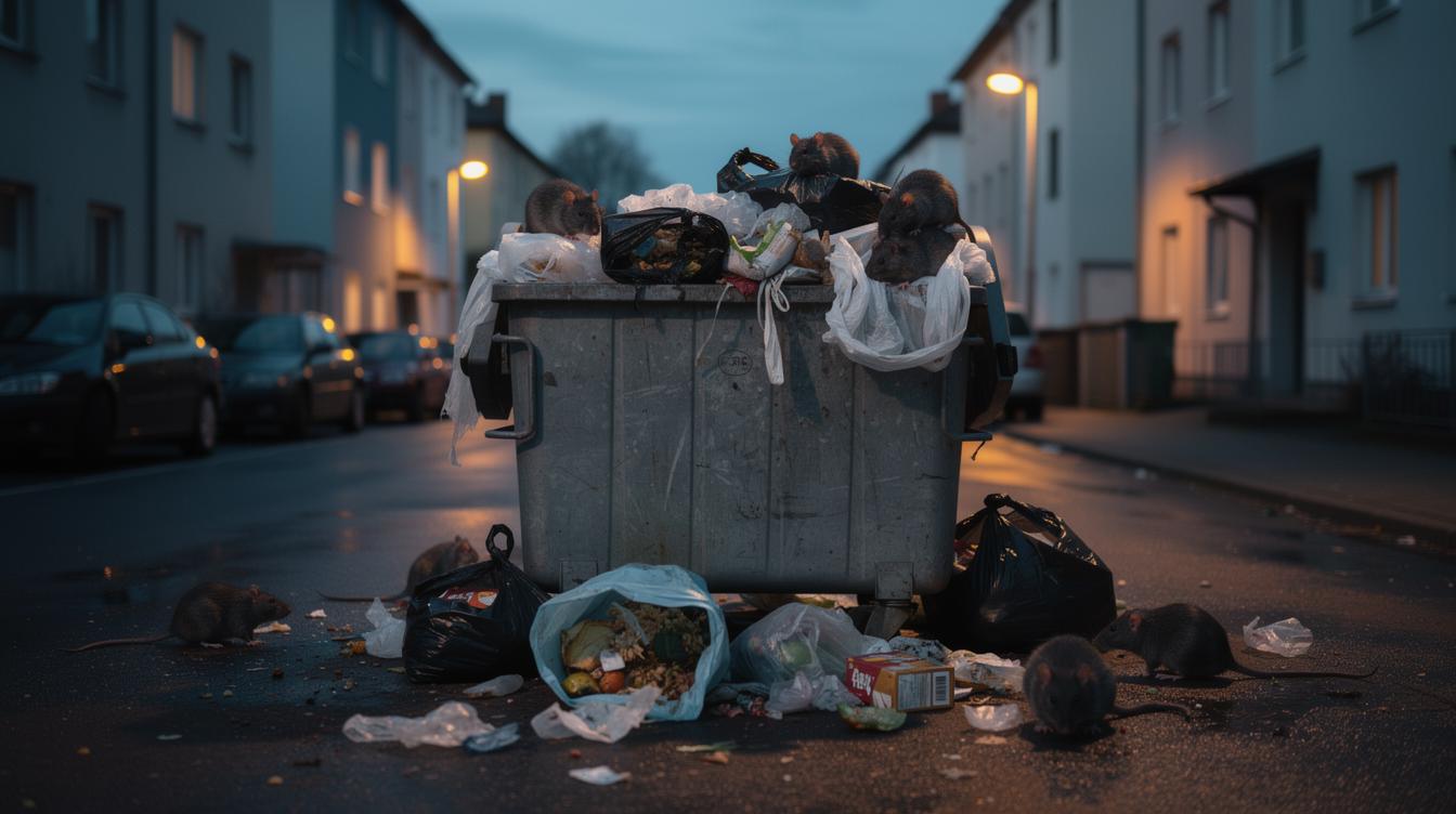 Un container de déchets débordant dans une rue calme, entouré de sacs ouverts où apparaissent des rats fouillant à la tombée de la nuit