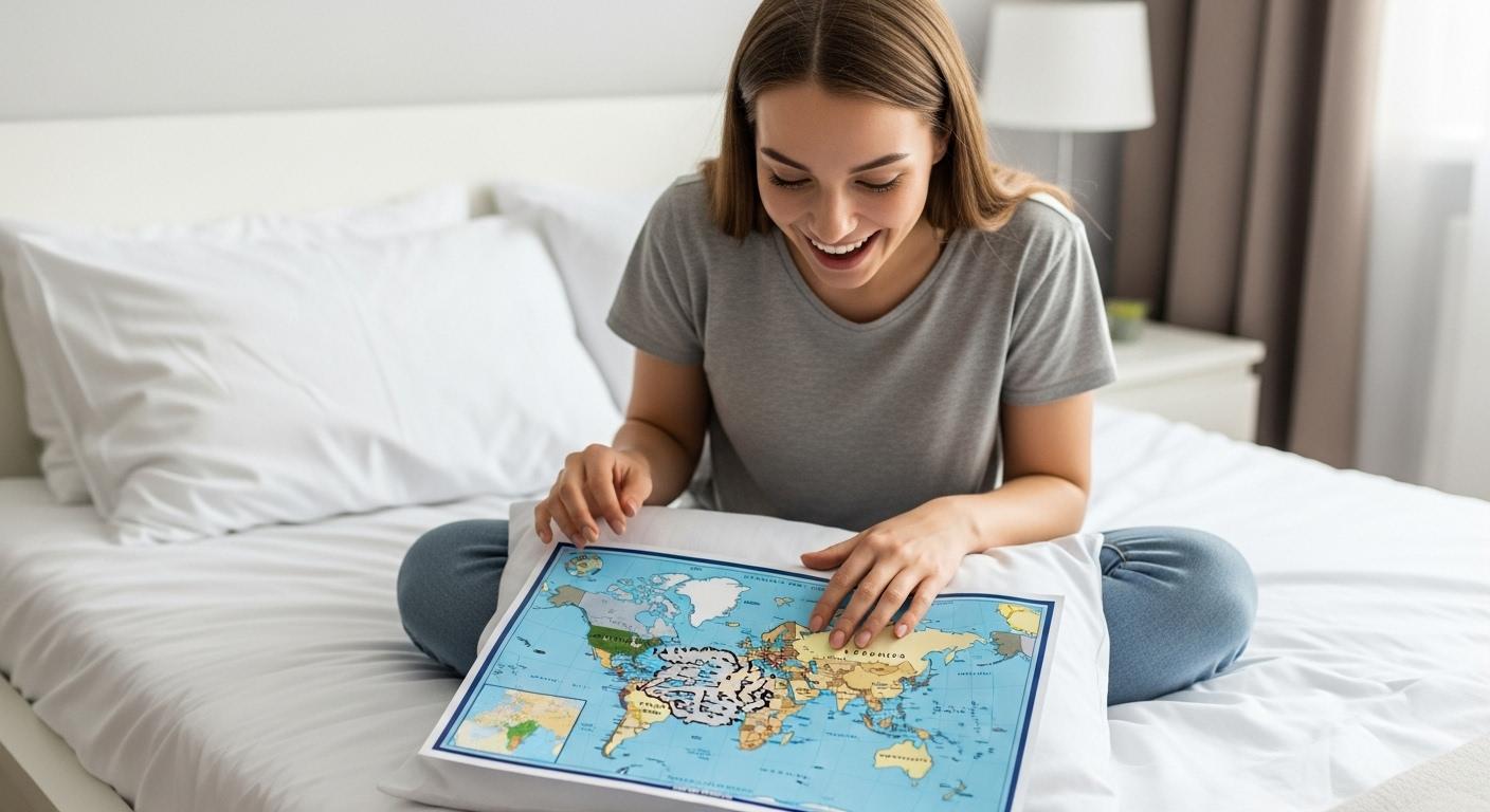 Une chambre lumineuse avec un lit soigneusement fait, une carte à gratter posée sur un oreiller blanc, et une jeune femme émue qui découvre le message, un large sourire sur le visage.