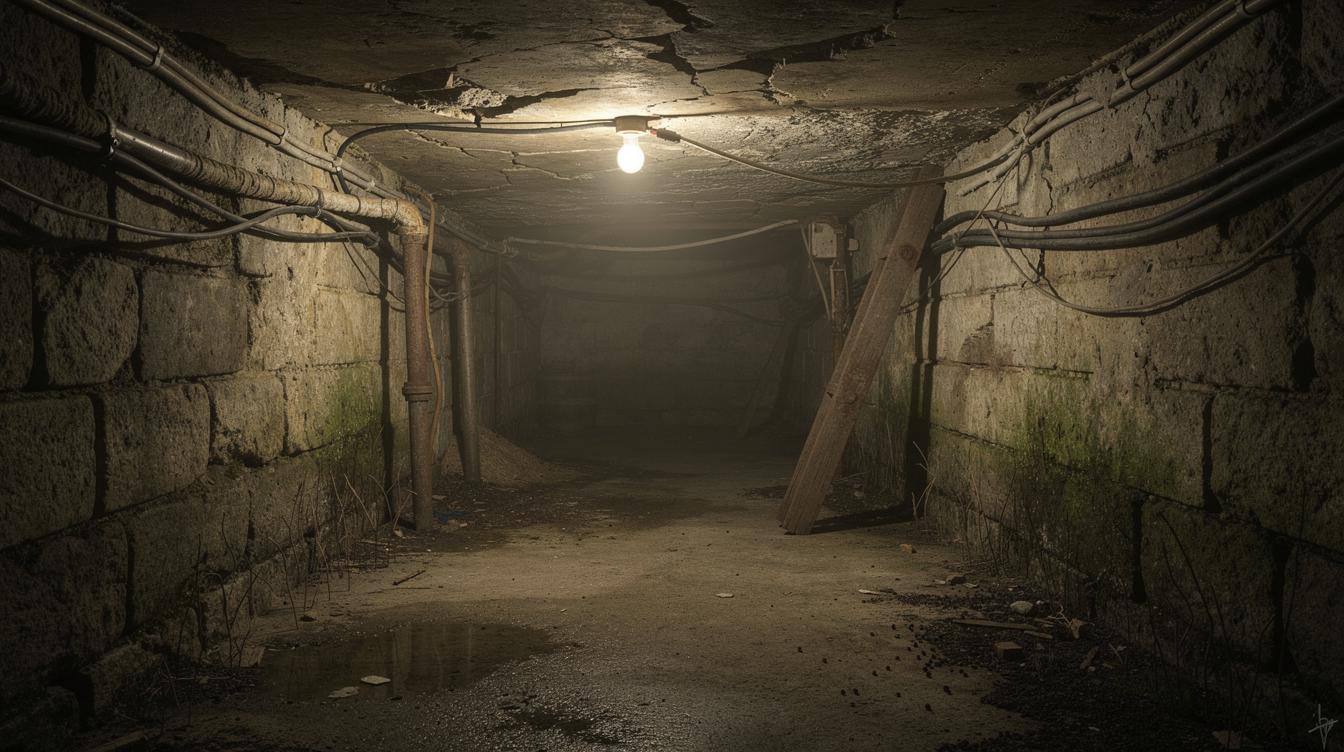 Une cave sombre et humide de maison ancienne à Montmorency, avec des câbles électriques apparents et des traces de rongeurs le long des murs.