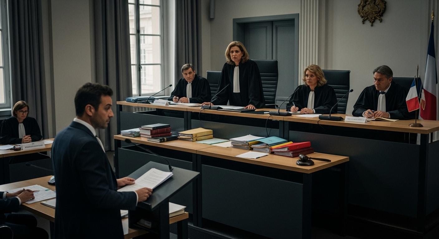 Un tribunal français avec des juges statuant sur un dossier de crédit immobilier affecté par la guerre, des documents juridiques posés sur la table, atmosphère grave.