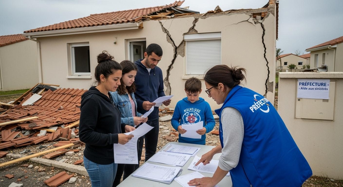 Une famille devant une maison partiellement détruite, tenant des documents administratifs, avec un agent de la préfecture les aidant à compléter un dossier d’indemnisation.