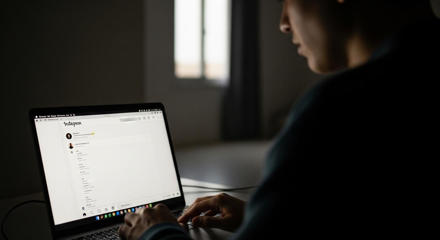 Un utilisateur anonyme consulte une story Instagram sur son ordinateur portable, dans un environnement calme, sans aucun signe de connexion visible, illustrant la discrétion et l’anonymat de la démarche.