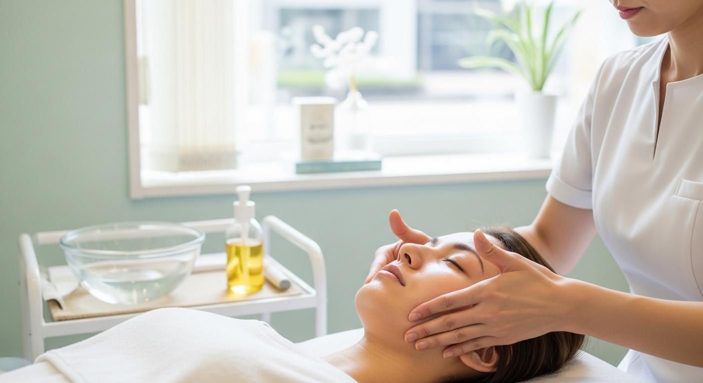 Une praticienne effectue un massage du visage manuel sur une cliente allongée dans un institut lumineux, les mains appliquées avec précision sur les joues, atmosphère paisible et professionnelle.