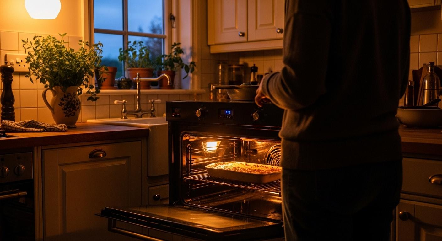 Une cuisine chaleureuse où une personne attend devant le four, la lumière dorée de la porte laissant entrevoir un gratin dauphinois qui dore doucement à l’intérieur.