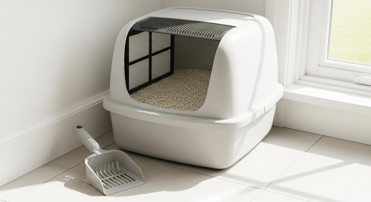 Un bac à litière en plastique placé dans un coin de cuisine lumineux, rempli de litière végétale claire, avec un filtre à charbon visible sur le couvercle et une pelle fermée posée à côté sur le carrelage propre.
