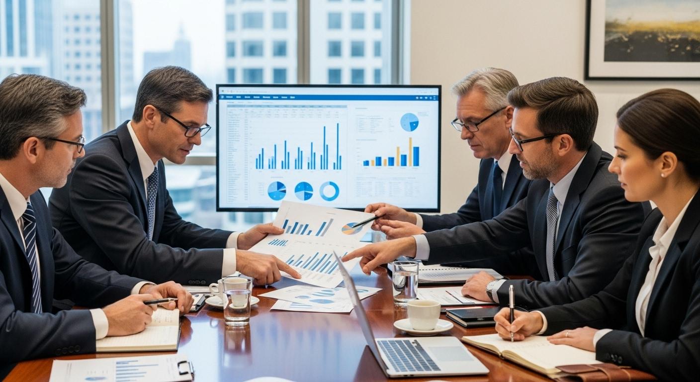Une réunion de dirigeants d’entreprise autour d’une grande table, concentrés sur des documents financiers et des graphiques, discutant de la réduction des coûts dans une atmosphère studieuse et déterminée.