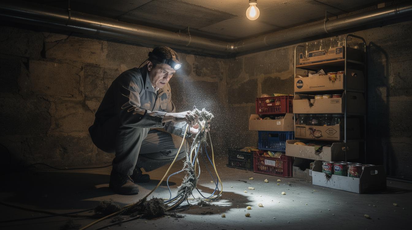 Un technicien en combinaison examine les câbles rongés dans une cave sombre d'immeuble à Rueil-Malmaison, à côté de réserves alimentaires en danger, illustrant la gravité de l'infestation.