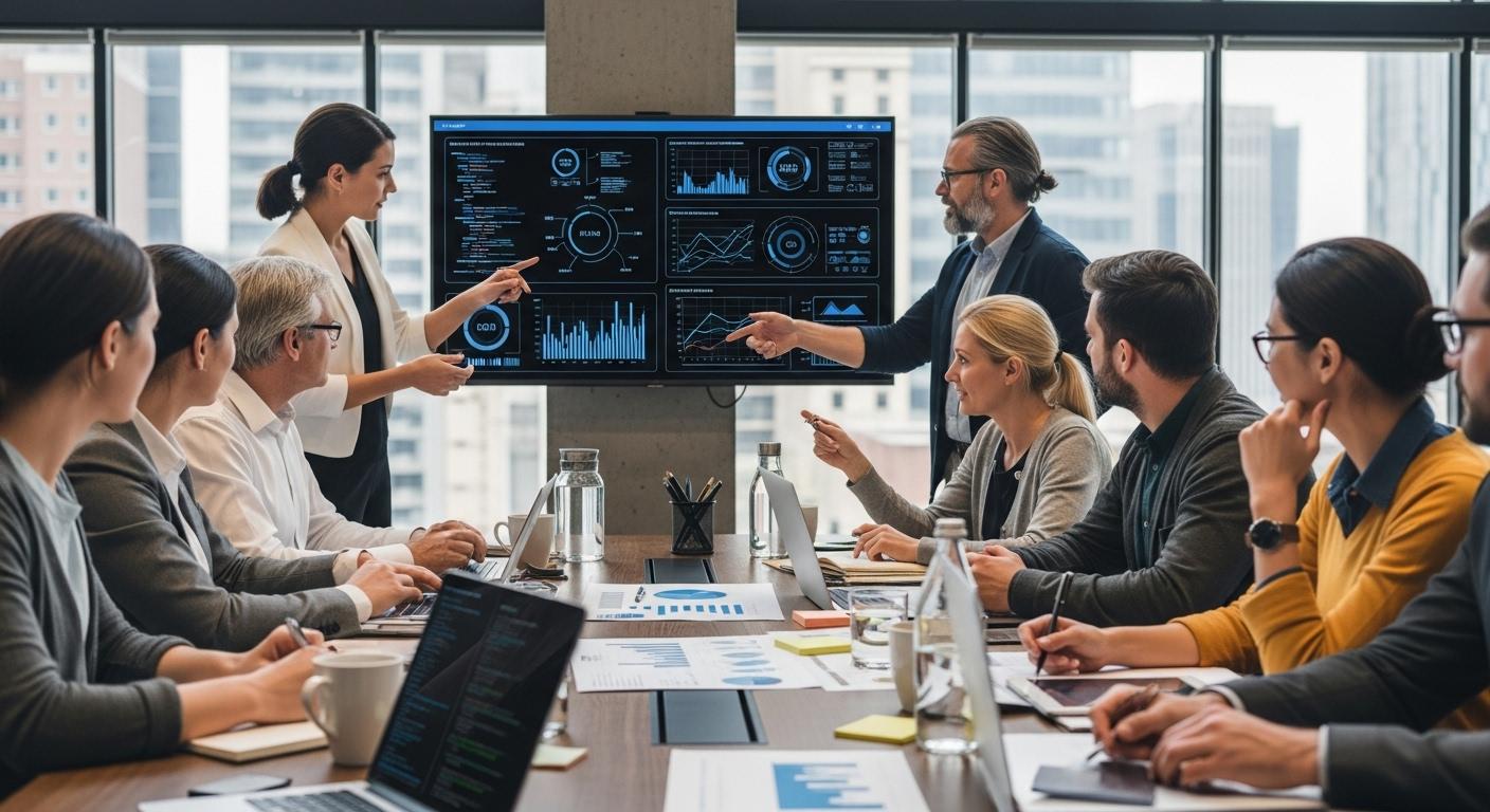 Un groupe de collaborateurs d'entreprise réunis autour d'une grande table, échangeant devant des graphiques et des ordinateurs portables, traduisant un moment de réflexion collective sur la transformation numérique.