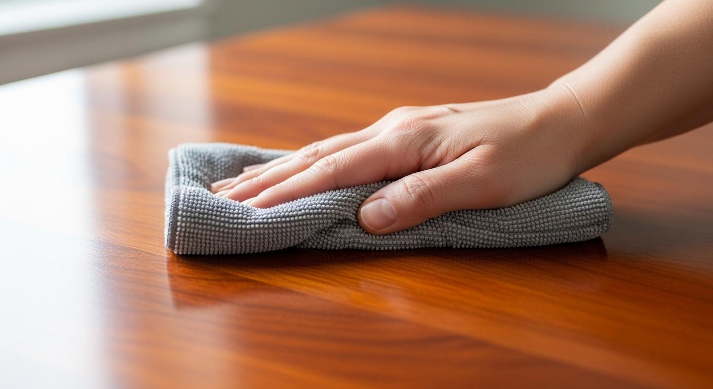 Une main adulte essuie délicatement une grande table en acajou verni avec un chiffon microfibre gris, en suivant le fil du bois, à la lumière du jour.