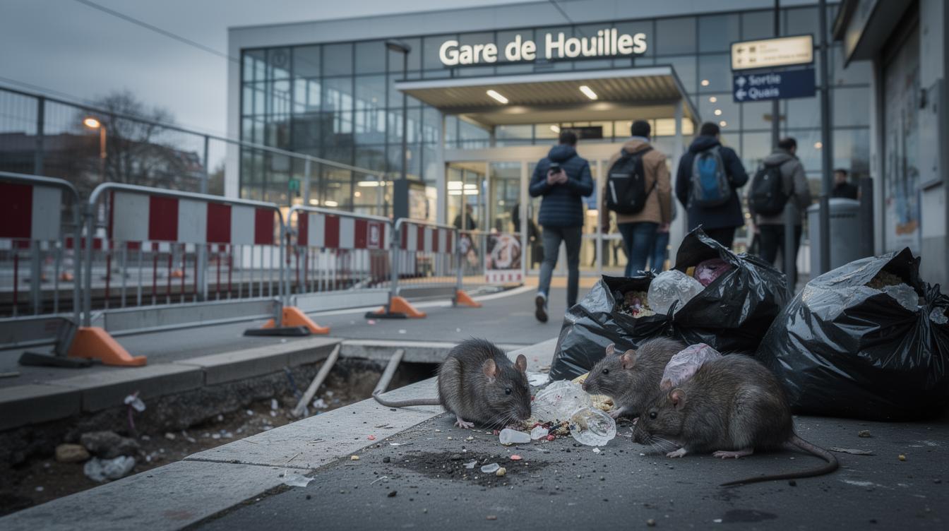 Aux abords d'une gare animée de Houilles, des rats fouillent des sacs-poubelle éventrés sur le trottoir, près de travaux urbains et devant des passants indifférents.