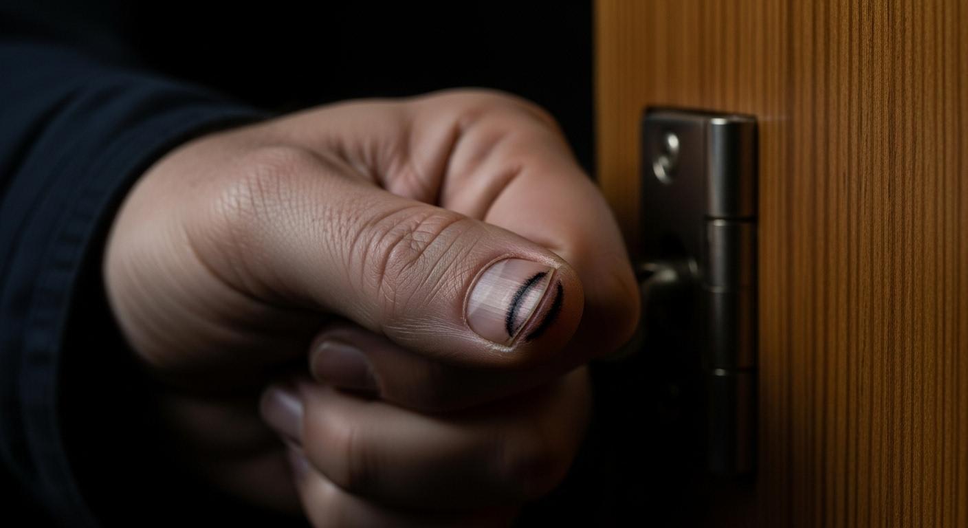 Main d’adulte avec un ongle du pouce présentant une strie sombre et une déformation visible, à côté d’une porte entrouverte suggérant un accident domestique venu d’un choc.