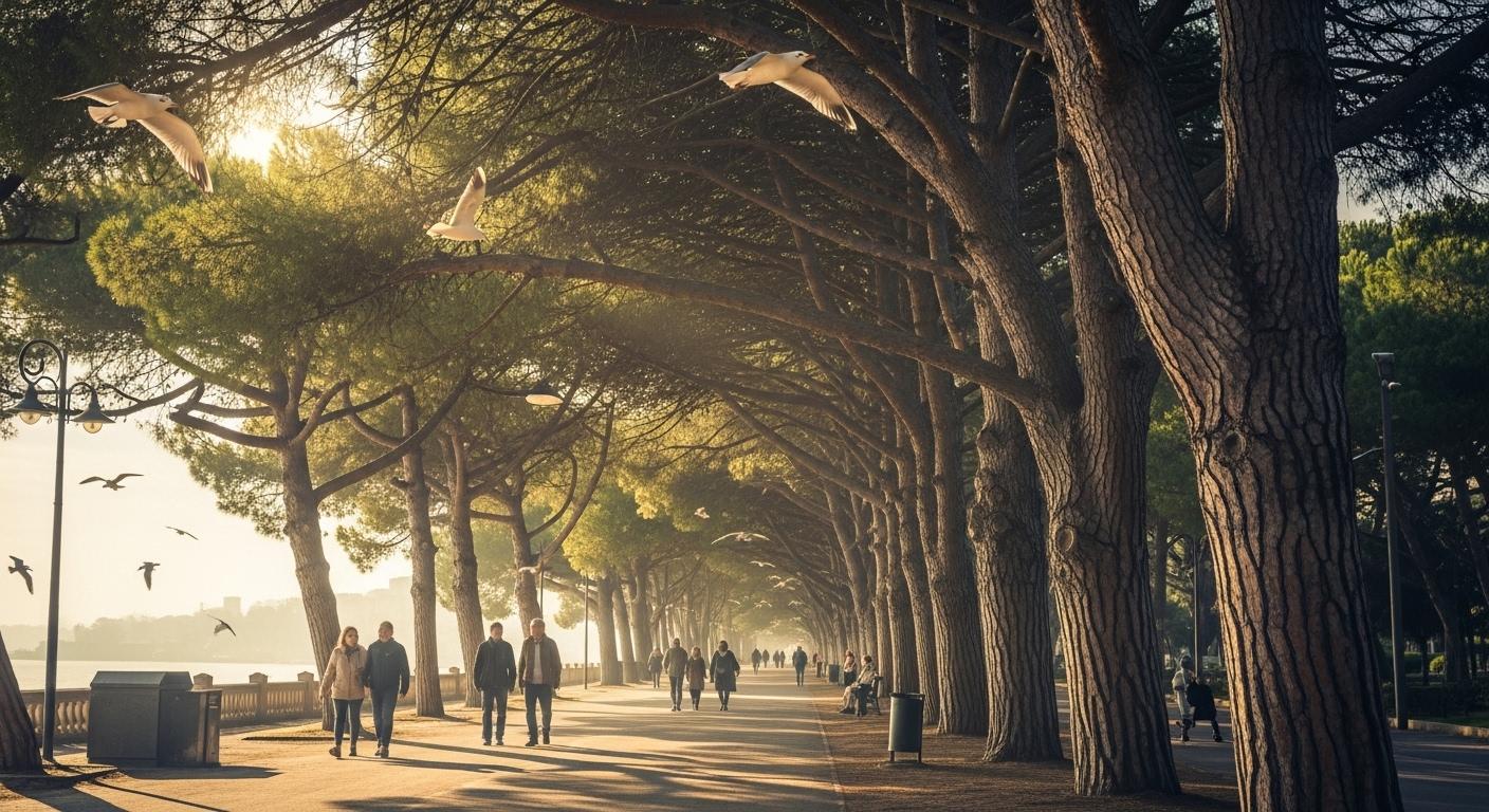 Promenade matinale sous une allée de pins centenaires, avec la lumière du soleil filtrant à travers les branches et des mouettes volant au-dessus de promeneurs paisibles