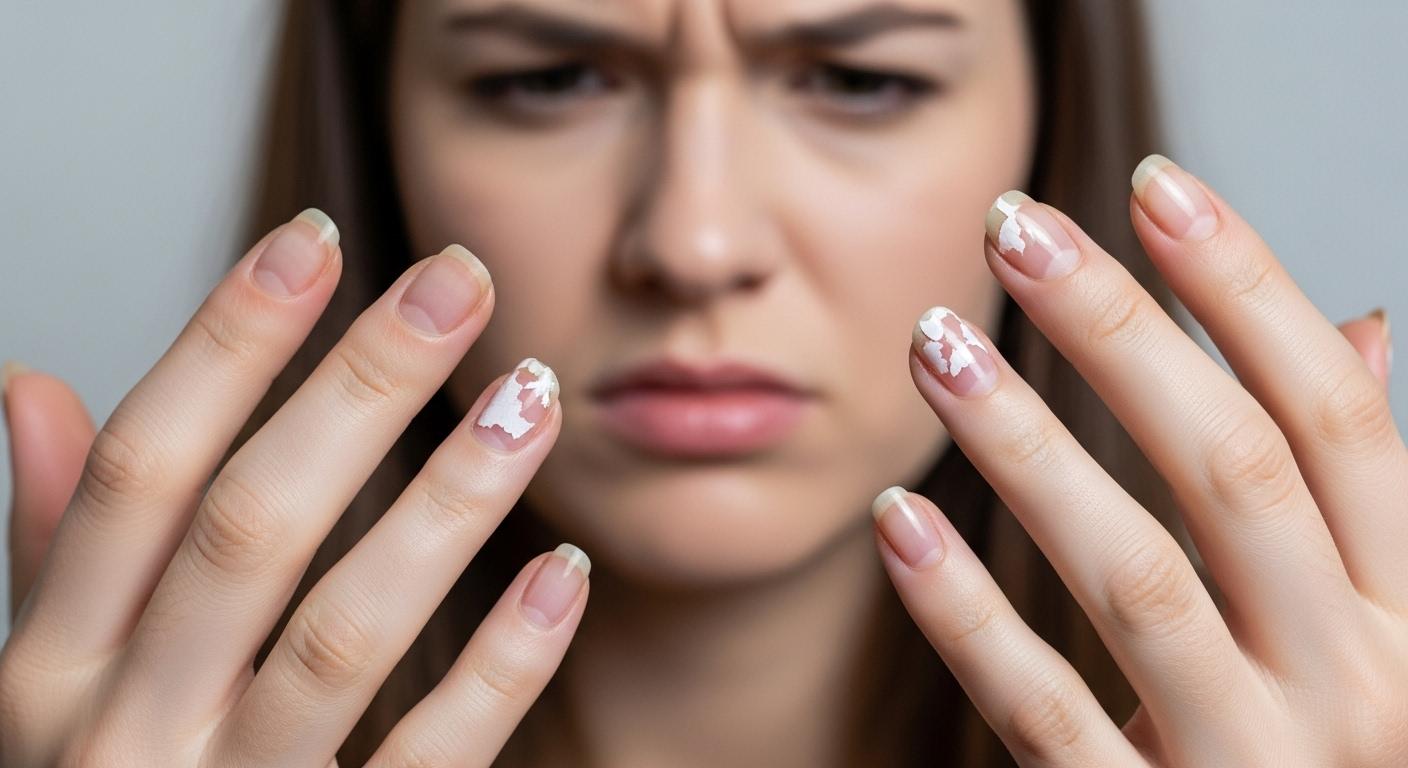 Gros plan sur des doigts montrant des ongles abîmés, certains dédoublés et d’autres recouverts d’un vernis écaillé, avec une personne qui observe ses mains avec une expression de frustration.