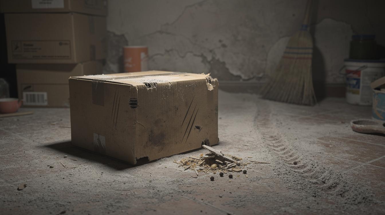 Un débarras domestique sombre, au sol poussiéreux, montrant sur une boîte en carton des traces nettes de dents et de griffes, un petit tas de débris, et dans un angle, une trace de passage révélant la fréquentation récente de rongeurs.