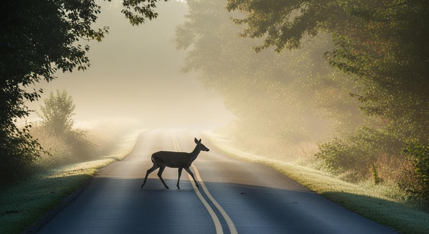 Une biche élégante avance prudemment à travers une route de campagne noyée de brume matinale, tandis que la lumière douce de l’aube filtre à travers les arbres environnants.