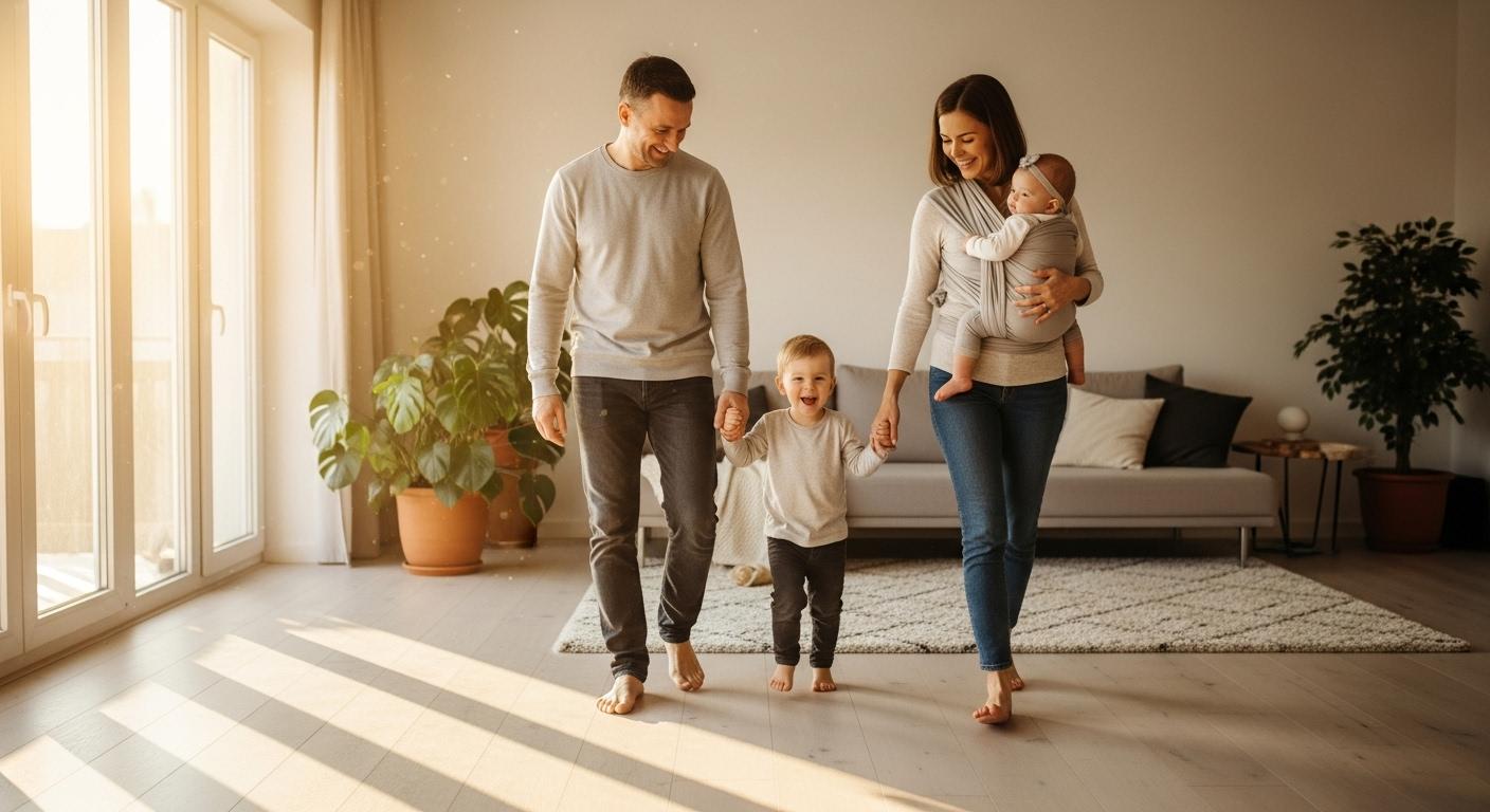Une famille souriante marche pieds nus dans un salon lumineux, baigné de lumière d’hiver, profitant d’un sol chaleureux après des travaux d’isolation.