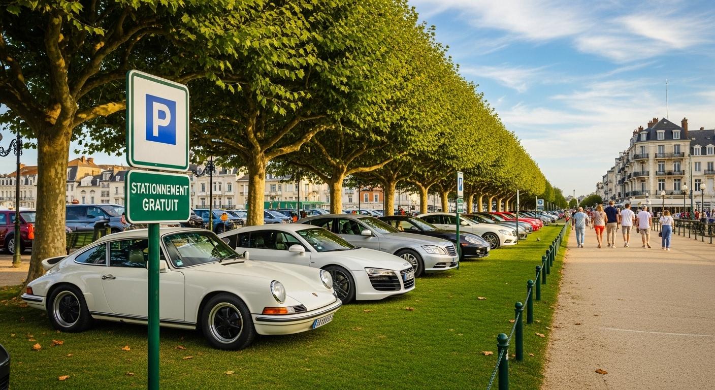 Des voitures garées côte à côte dans la zone verte du Touquet, sous des arbres, avec des panneaux indiquant le stationnement gratuit, et des passants se dirigeant vers le centre-ville en fond.