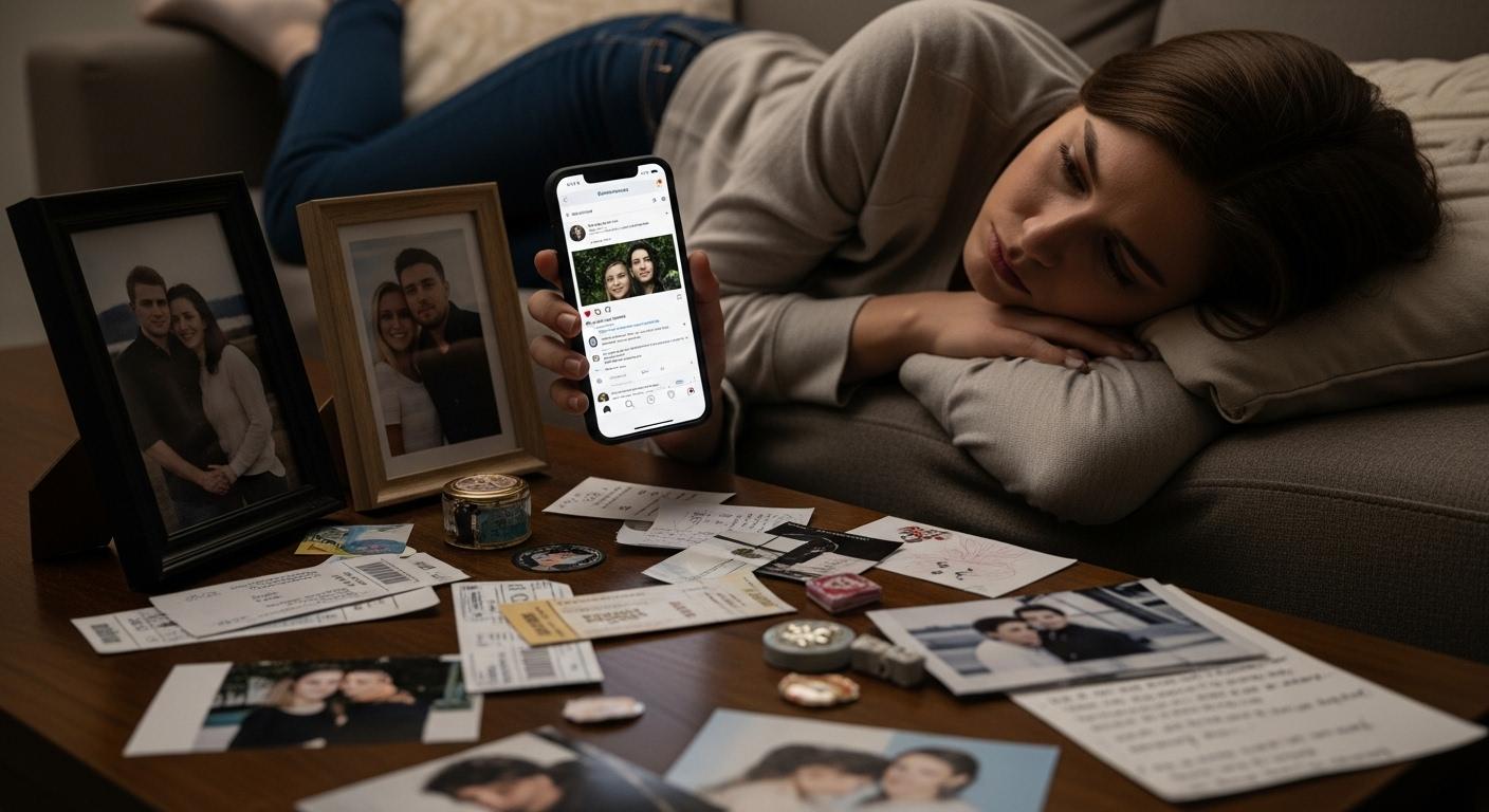 Une personne allongée sur un canapé, tenant son téléphone et fixant l’écran avec un visage triste, entourée de photos et de souvenirs de l’ancienne relation éparpillés sur la table basse, tandis qu’un profil de réseau social s’affiche sur le téléphone.