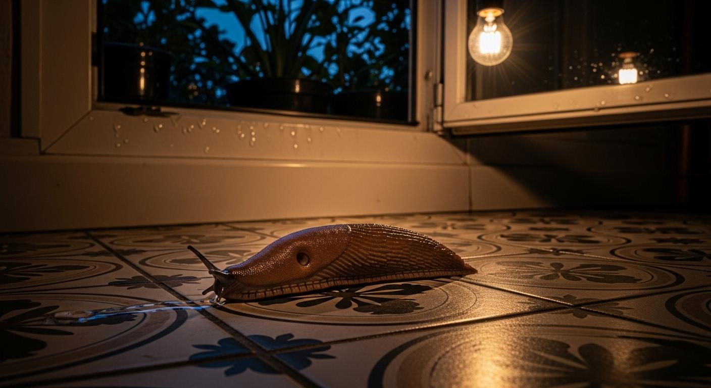 Une limace brune progresse lentement sur un carrelage de cuisine, sous la lueur tamisée d’une ampoule, tandis que l’humidité perle sur le rebord d’une fenêtre entrouverte.
