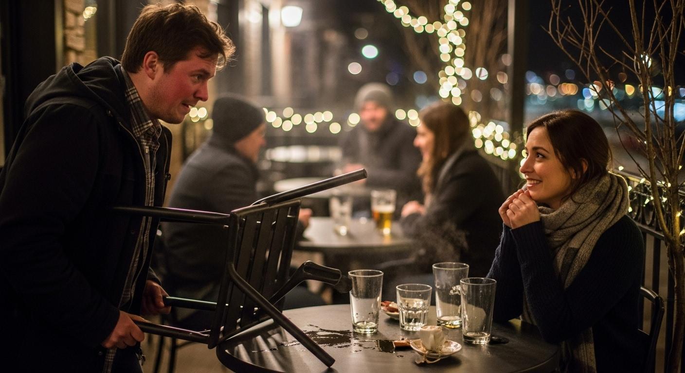 Sur la terrasse d’un bar par une soirée d’hiver, un homme rougissant se lève précipitamment, renversant sa chaise devant une femme qui sourit timidement, tandis que ses mains tremblent et qu’il évite son regard.
