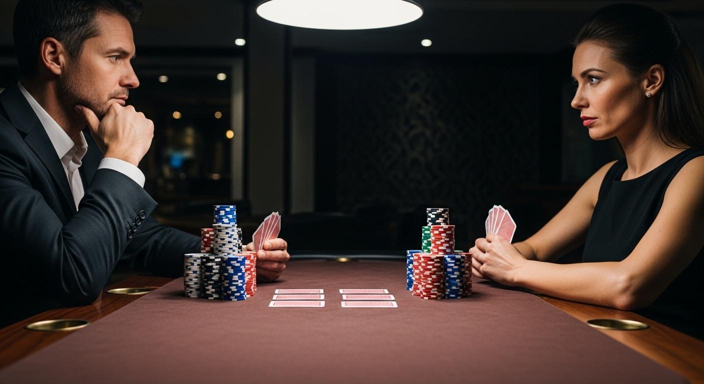 Deux joueurs de poker face à face à une table, chacun avec une pile égale de jetons de différentes couleurs soigneusement alignés devant eux, l'atmosphère tendue et concentrée de la pièce étant palpable