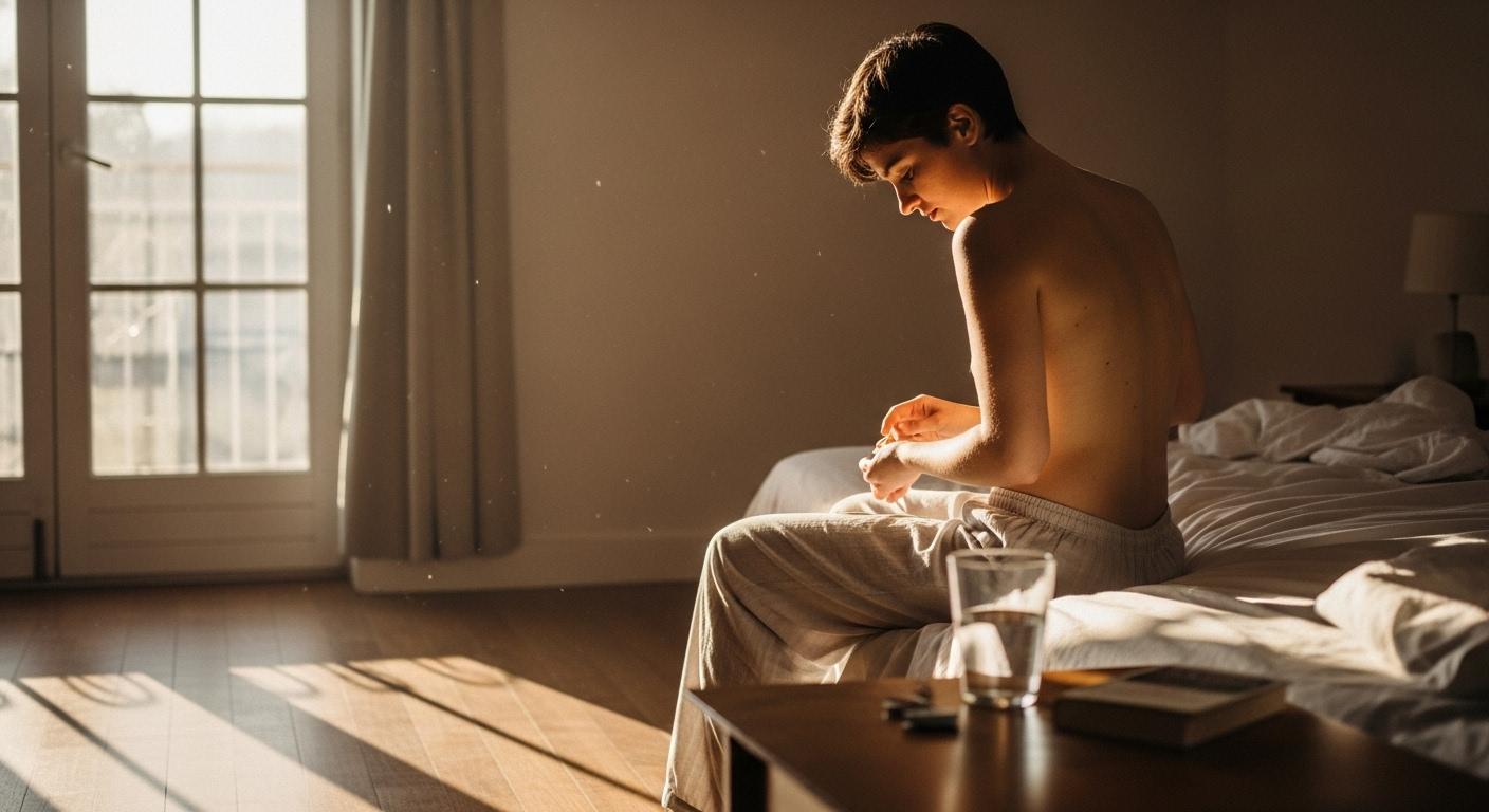 Une personne assise sur le bord d’un lit, appliquant délicatement un baume sur le bas de son dos nu, la lumière du matin filtrant à travers une fenêtre, créant une ambiance douce et rassurante.