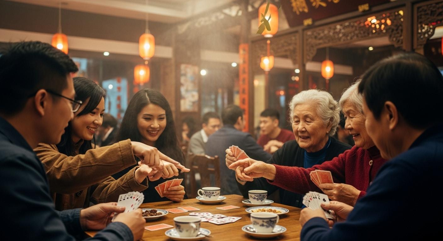 Un groupe de personnes de différentes générations assises autour d’une table en bois dans un café chinois animé, concentrées sur une partie de guandan, des cartes en main, des tasses de thé fumantes et des sourires complices