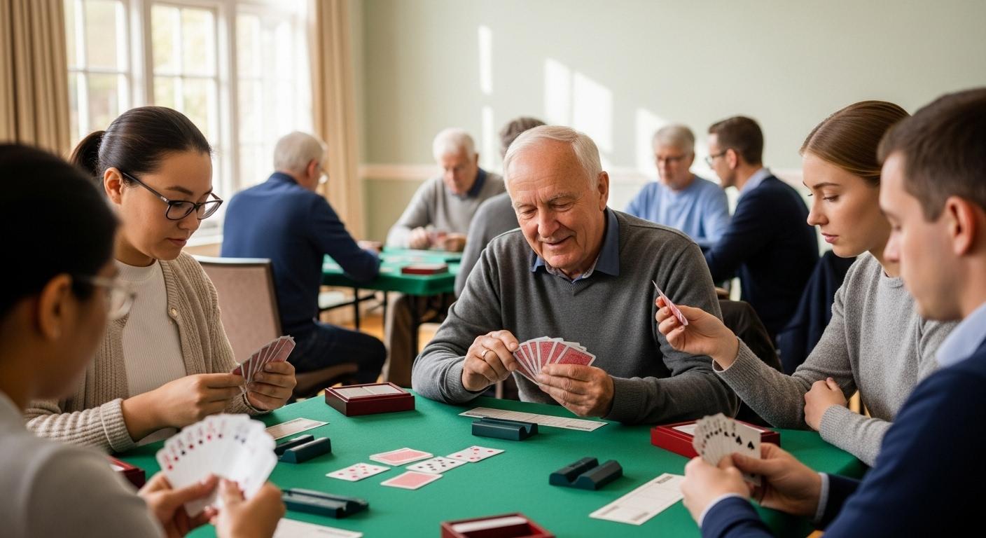 Un groupe de joueurs de bridge de tous âges assis autour d’une table dans une salle lumineuse, concentrés, cartes en main, tandis qu’un animateur explique patiemment les règles à un nouveau venu.