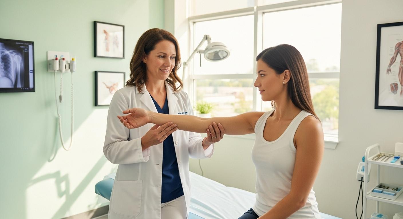 Un médecin rhumatologue guidant calmement une patiente à effectuer un mouvement du bras, la patiente en débardeur assise sur la table d’examen, la consultation se déroulant dans un environnement lumineux et rassurant.