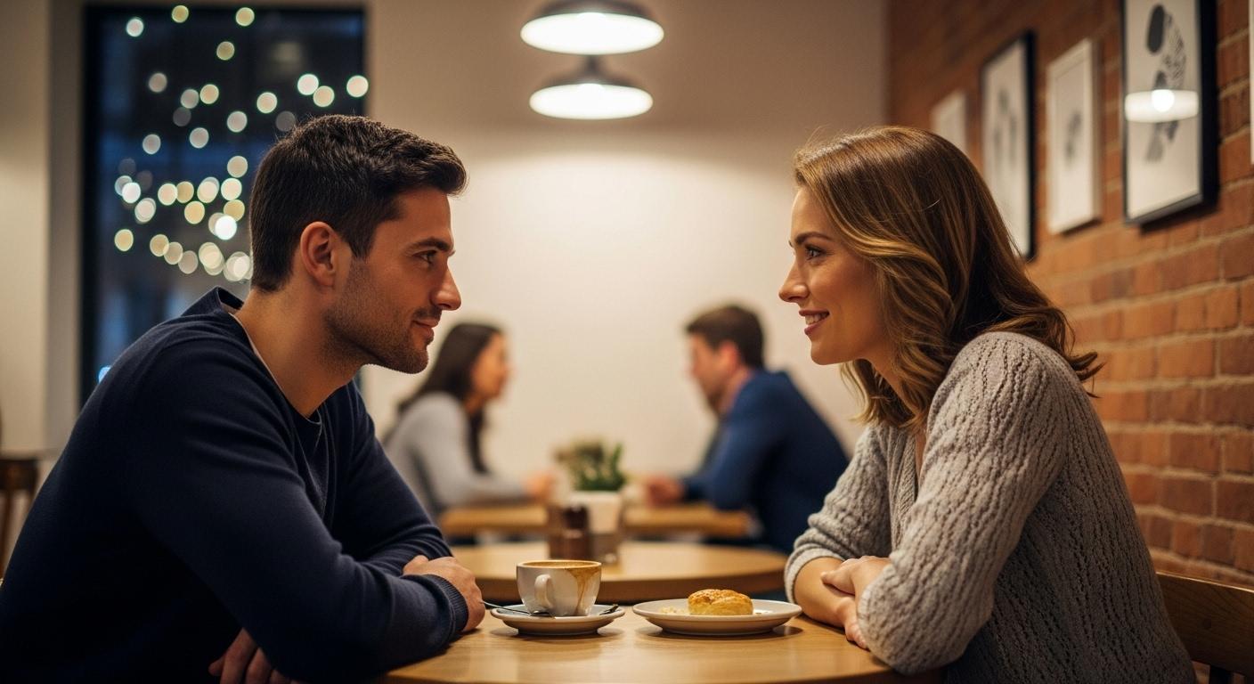 Deux personnes assises face à face dans un café chaleureux, échangeant un regard complice et souriant, créant une atmosphère d’authenticité et de connexion sincère.