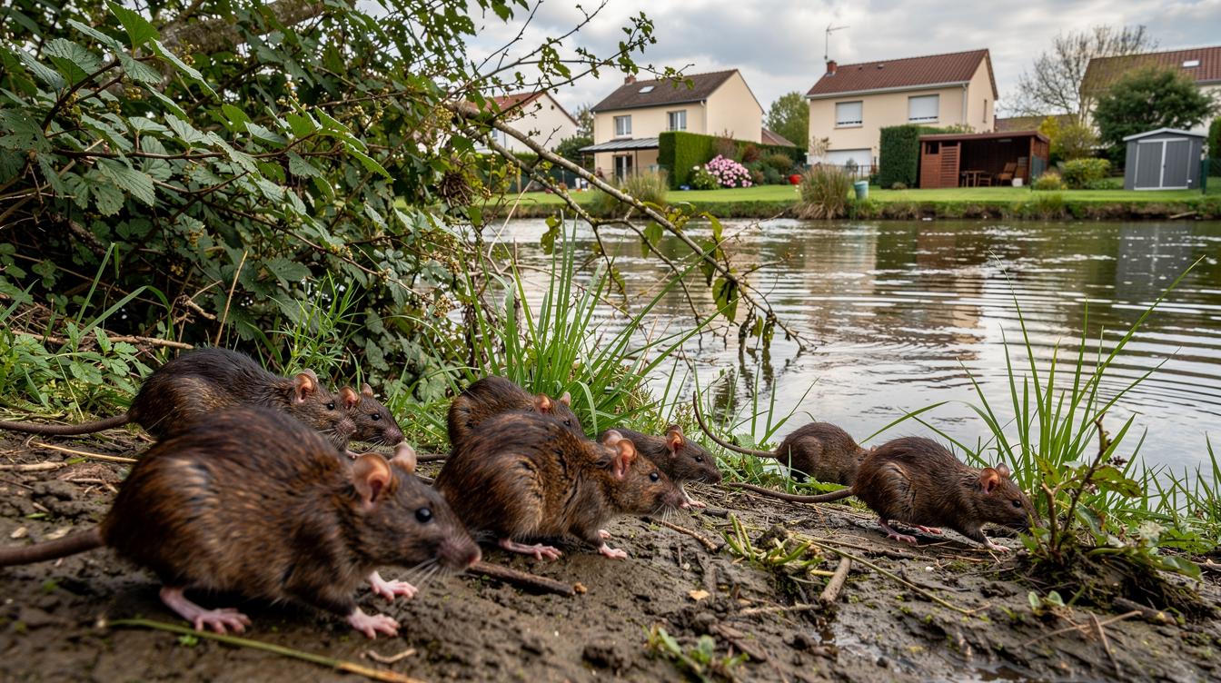 Un groupe de rats bruns longe les berges d'une rivière à Rueil-Malmaison, au milieu de la végétation dense, près d'une zone pavillonnaire où les habitations sont bordées de jardins et de remises.