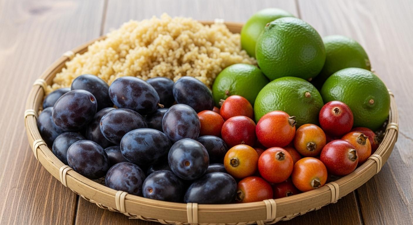 Sur une table en bois, un panier garni de quinoa en grains, de prunes quetsches violettes, de quenettes vertes et de petits fruits rouges de quandong, mis en valeur sous une lumière naturelle, comme une composition de marché du monde.