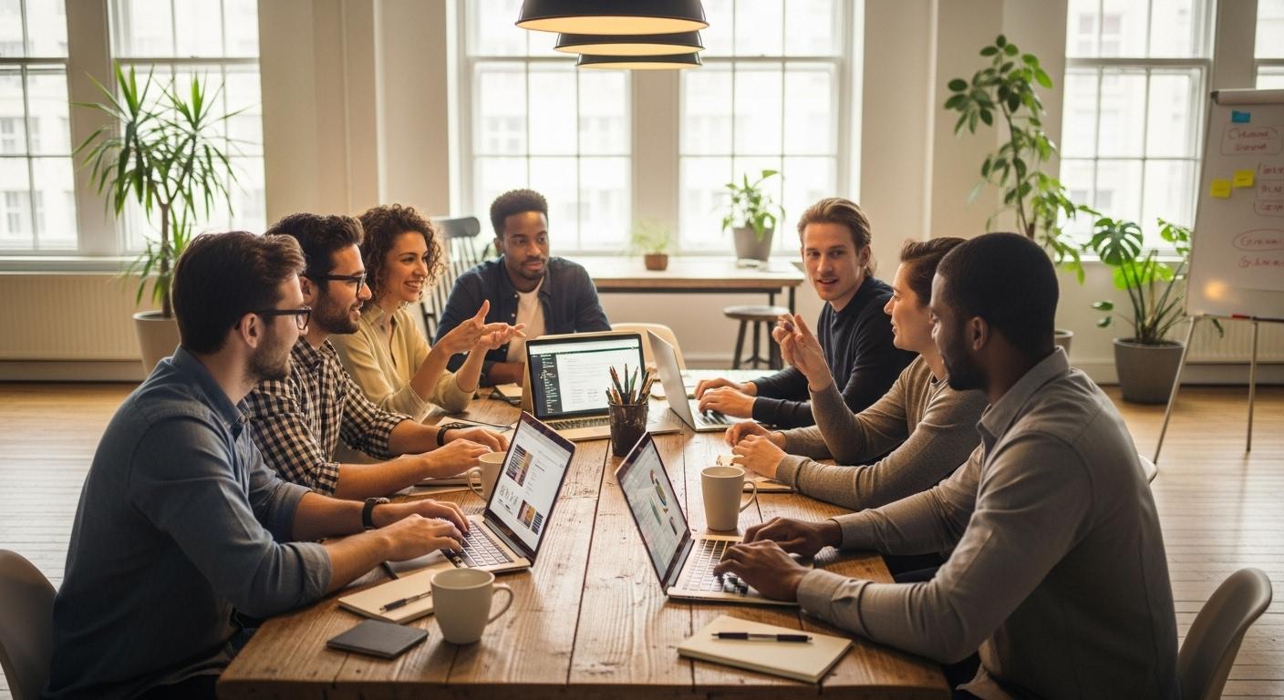 Une équipe de personnes assises autour d'une grande table en bois, échangeant des idées devant des ordinateurs portables dans un espace de coworking lumineux, atmosphère chaleureuse et collaborative.
