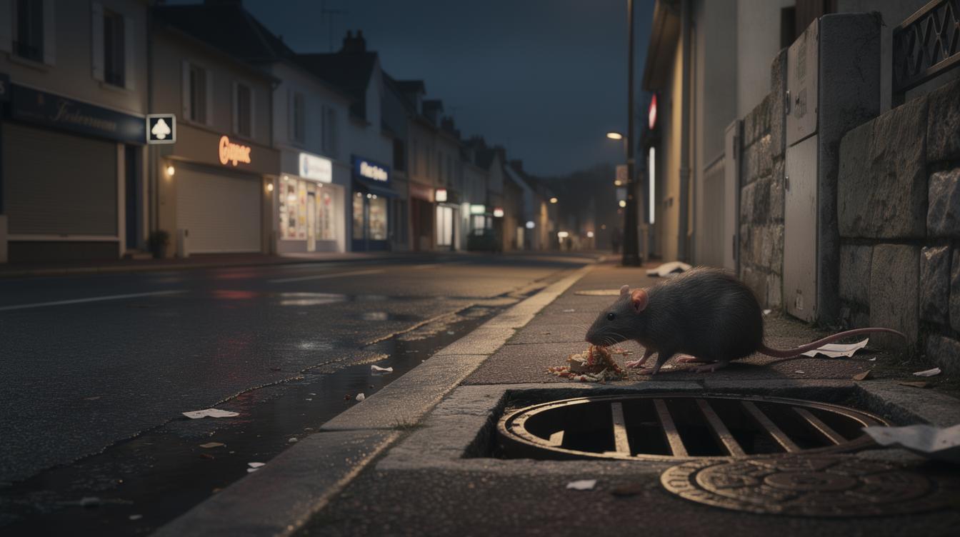 Vue nocturne d'une rue calme de Soisy-sous-Montmorency, des rangées de maisons et commerces, quelques points de lumière, et dans un recoin près d'une bouche d'égout, deux rats fouillant des déchets humides.