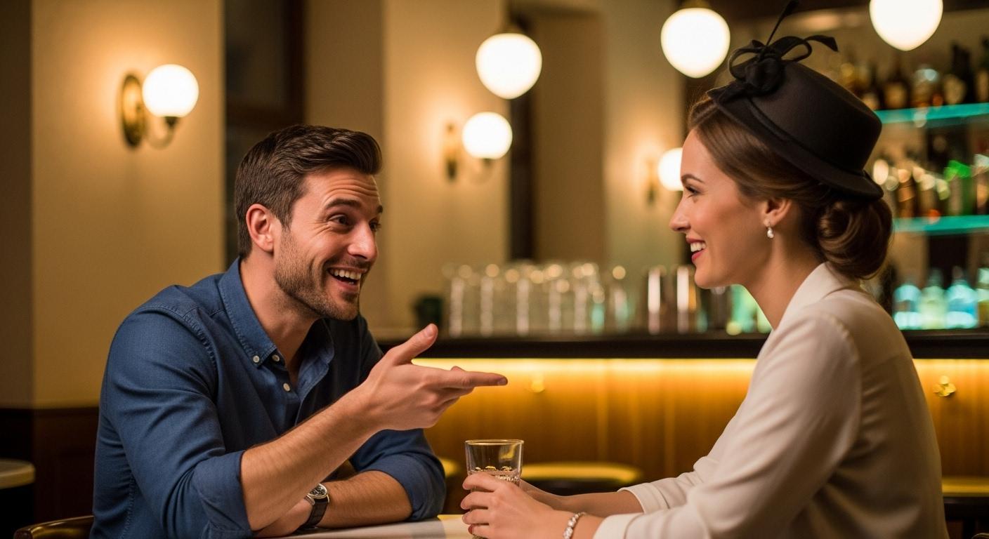 Un homme et une femme assis face à face dans un bar tamisé, l’homme sourit et rebondit sur un détail du look de la femme en racontant une anecdote personnelle, créant une atmosphère détendue et complice entre eux.