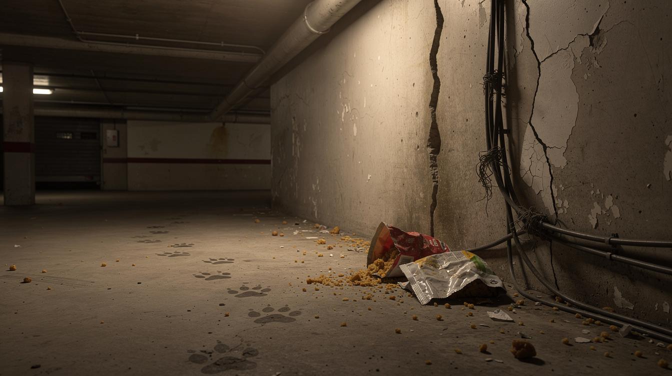 Un sous-sol d’immeuble à Créteil avec lumière tamisée, sol jonché de miettes, traces de pattes visibles sur la poussière, câbles rongés, et un sachet de nourriture éventré près d’un mur fissuré.