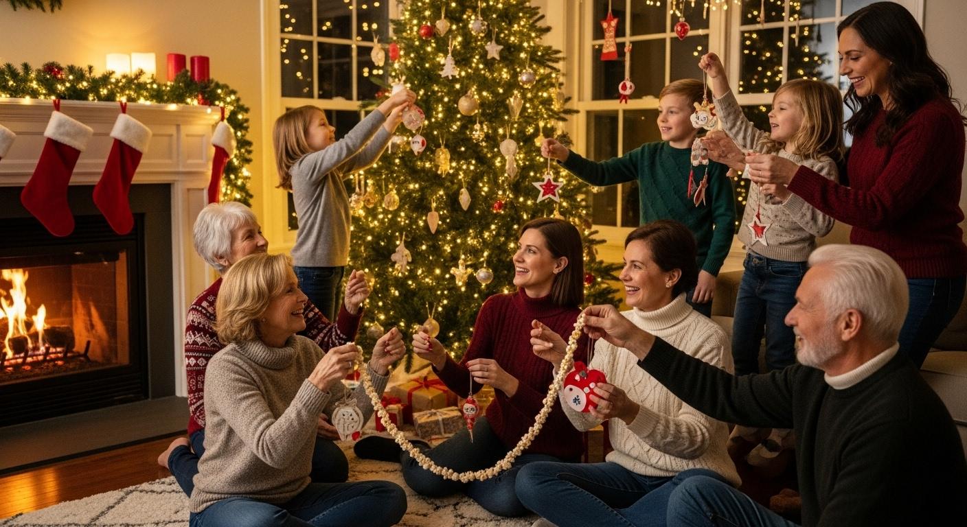 Une famille de plusieurs générations réunie dans un salon décoré pour Noël, des enfants accrochés à un sapin, des adultes échangeant des guirlandes et des décorations faites main, dans une ambiance chaleureuse et animée.