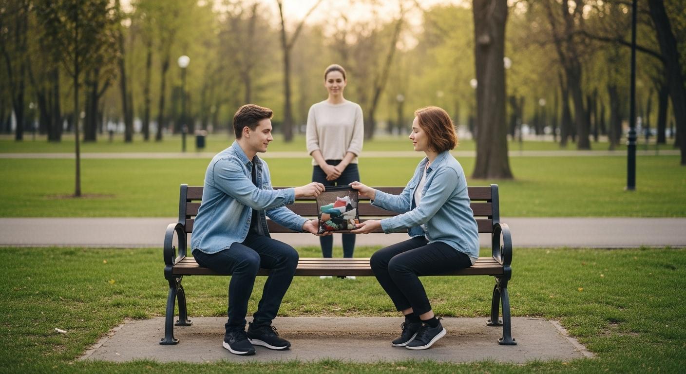 Deux personnes se retrouvent sur un banc dans un parc public pour échanger un sac contenant des effets personnels, en présence d'un ami qui observe la scène en retrait, ambiance calme et respectueuse.